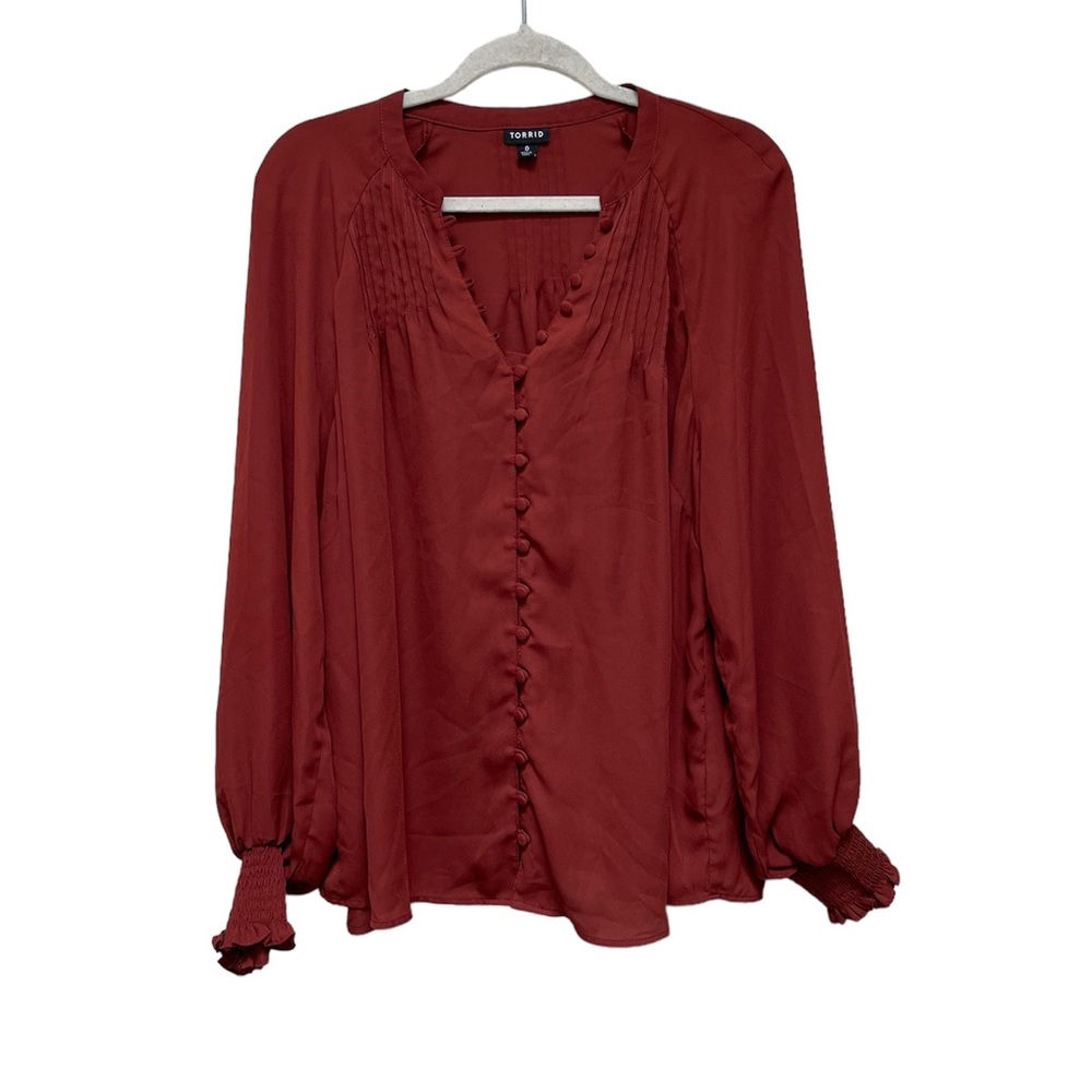 TORRID Women’s Long Sleeve Blouse V-Neckline Smocked Collar Color Red Size 0